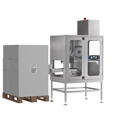 Stainless steel cabinet around Domino M230i-P150 pallet labeller 